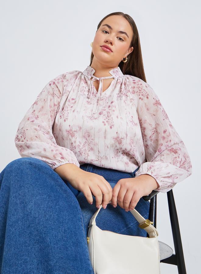 Styli Plus Size Women Floral Print Blouse with Tie Neck - Image 1